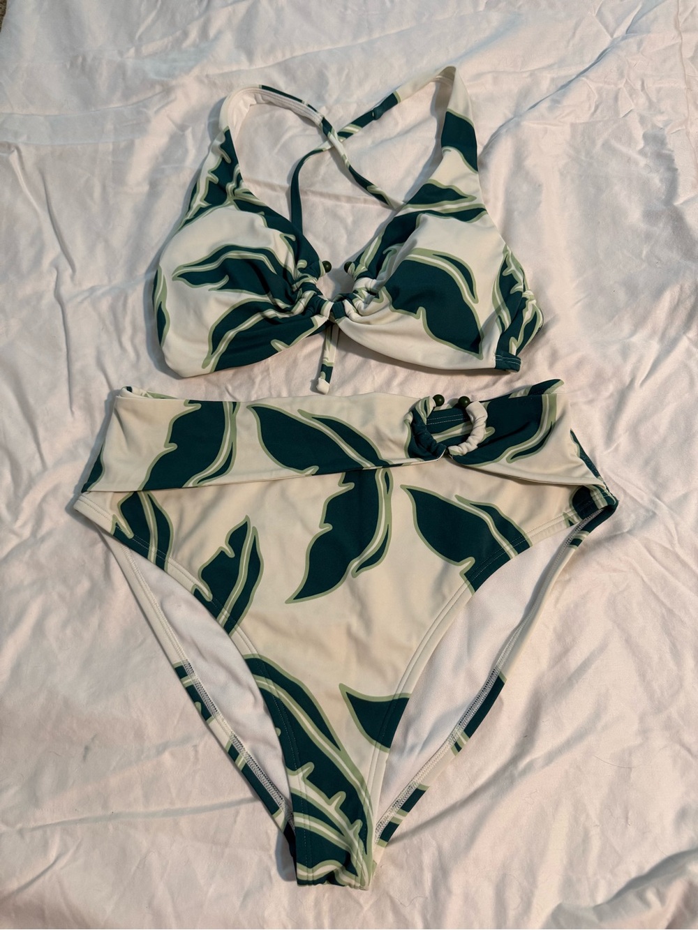 Shade & Shore High-Waist Leaf Print Bikini Set in Cream and Dark Green